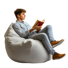 Teenager Enjoying a Cozy Reading Moment on Bean Bag – Peaceful, Relaxed Atmosphere with Books, Leisure, and Comfortable Indoor Space, Perfect for Studying and Hobbies