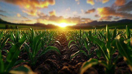 Lush Green Cornfield at Sunrise Highlighting Vibrant Growth and Fertile Soil with Beautiful Sky in the Background