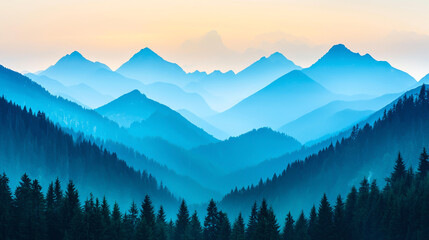 Obraz premium Landscape background Majestic mountain valley with layered peaks and dense forest, creating serene and tranquil atmosphere. soft blue hues evoke sense of calm and wonder