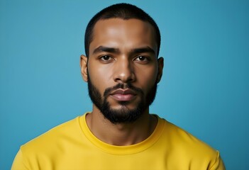 Obraz premium Portrait of charming mature man true boss feel content emotions wear yellow shirt isolated over blue color background