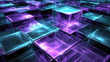 Fototapeta premium Abstract 3D blocks with glowing effects in purple and blue hues