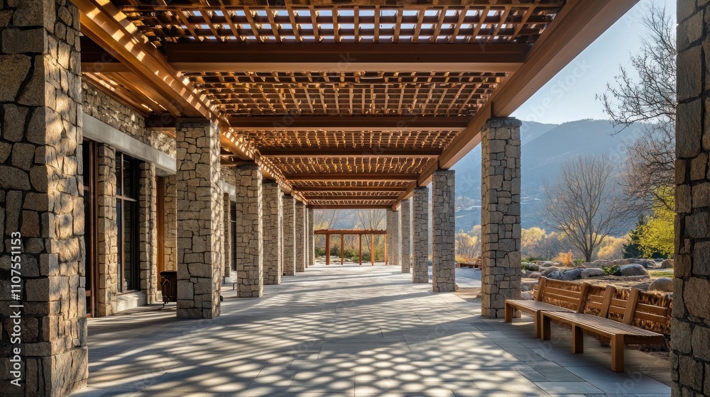Poster a serene architectural space with stone columns and a wooden trellis, inviting relaxation.