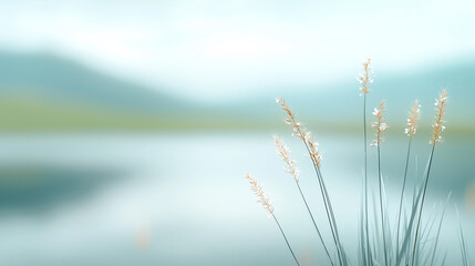 Landscape background Delicate grasses sway gently by serene lake, creating tranquil scene