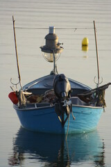 Blue motorboat floating calmly on serene water at sunrise