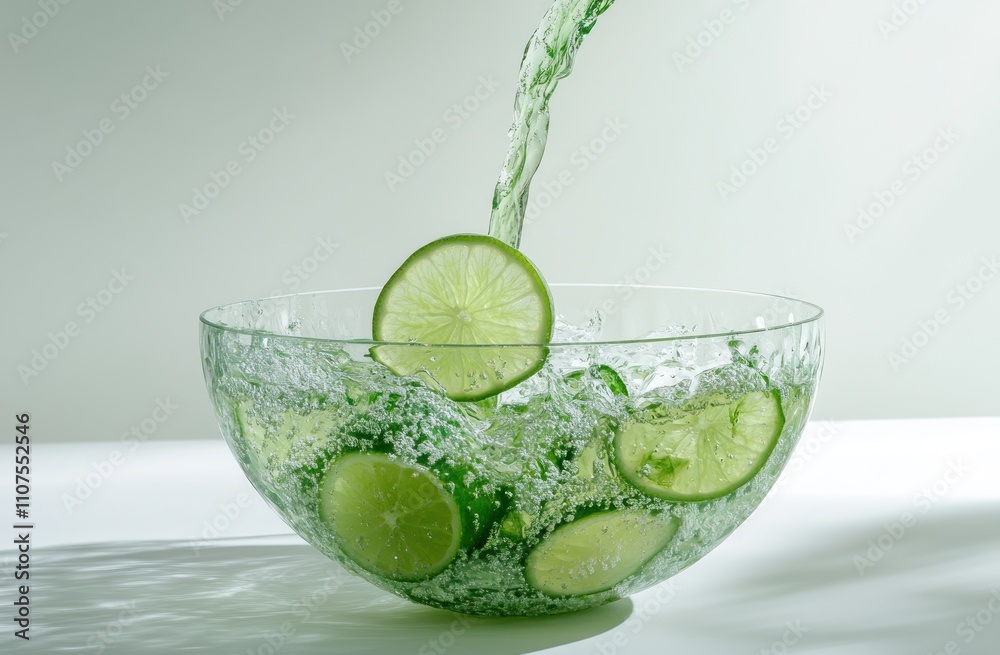 Poster a bowl filled with lime slices and sparkling water, creating a refreshing drink scene.