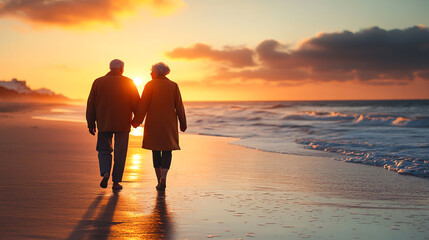 Elderly couple walking hand in hand on beach at sunset, enjoying life