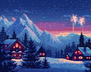 Winter Wonderland Night: Pixel Art of Cozy Snow Village with Fireworks 