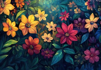 Fototapeta premium Vibrant Floral Garden with Colorful Flowers in Various Shades of Yellow, Orange, Pink, and Red Set Against a Lush Green Background Ideal for Nature and Art Themes