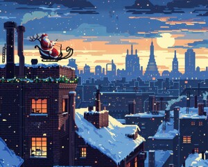 Santa's Cityscape Flight: Pixel art depicting Santa Claus in his sleigh soaring over a snow-covered cityscape at sunset, creating a magical Christmas Eve scene.