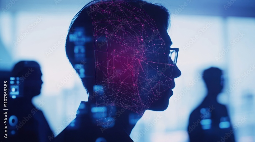 Poster silhouette of a person with digital network overlay, symbolizing technology and innovation.