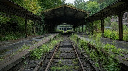 Obraz premium Deserted train stations with empty platforms and overgrown tracks, left in disrepair