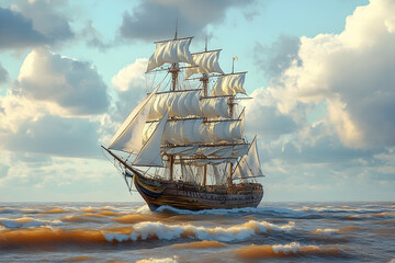 Fototapeta premium Majestic sailing ship on ocean waves under cloudy sky.