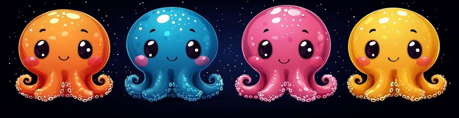 Naklejka premium The cutest collection of ocean creature game assets includes a blue and orange octopus, a baby sea squid, and an undersea kraken in blue and orange.