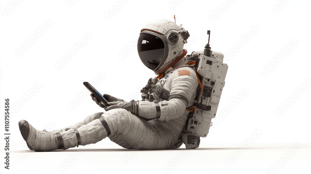 Poster An astronaut sitting and using a mobile device in a minimalist setting.