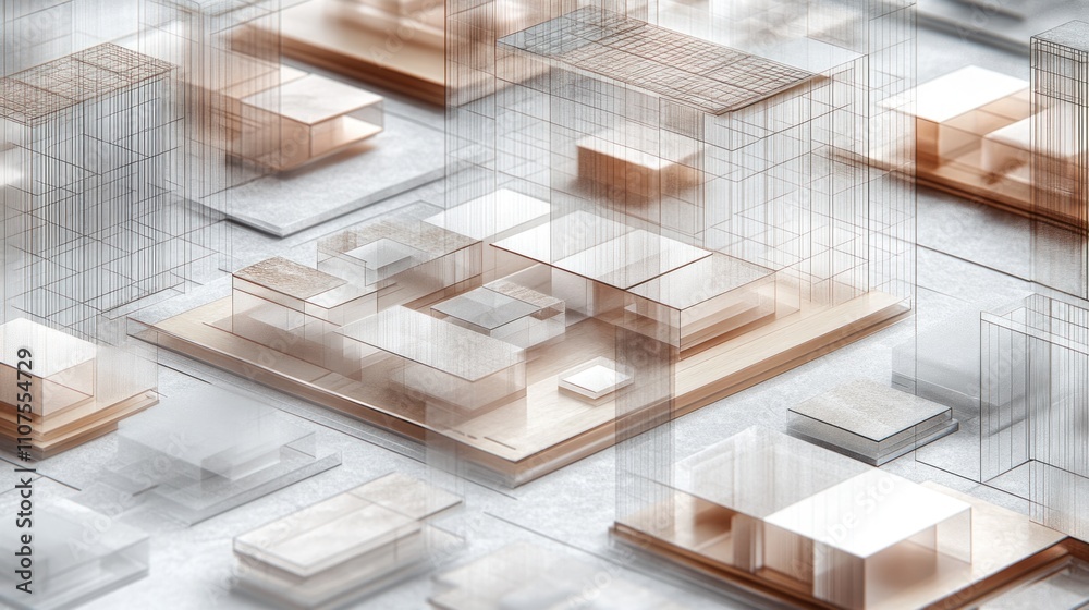 Aufkleber A conceptual architectural design featuring layered structures and wireframe models.