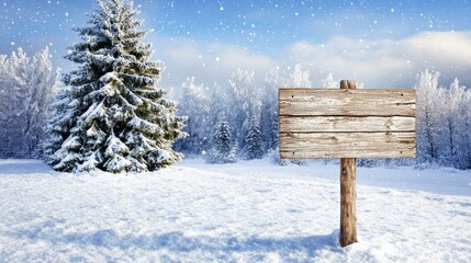 Naklejka premium Snowy landscape featuring pine tree and blank wooden sign against winter sky