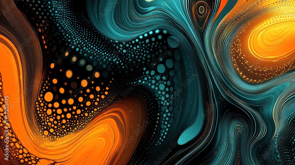 Poster Abstract swirling patterns in vibrant orange, teal, and black colors create a dynamic visual.