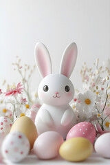 Cute white bunny figurine with pink details surrounded by pastel Easter eggs and delicate spring flowers against a soft white background, vertical