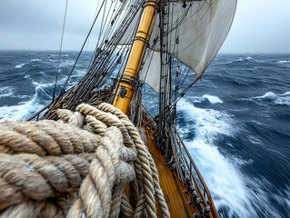 Obraz premium Sailing ship at sea in stormy weather, close-up view of ropes and mast.