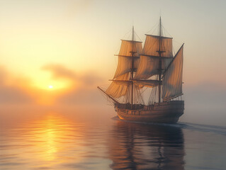 Obraz premium Sailing ship at sunset in foggy sea.