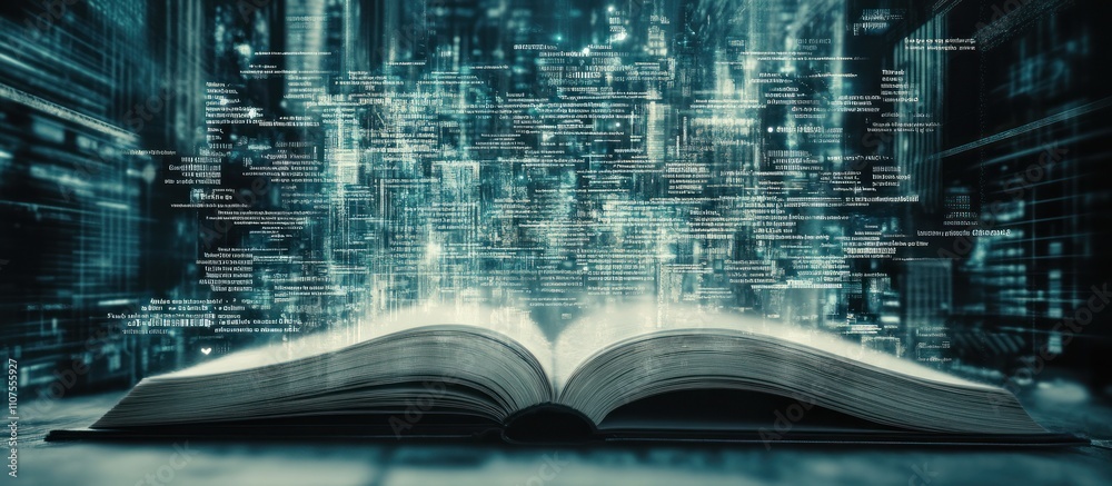 Poster open book with digital data streams emerging symbolizing knowledge and technology