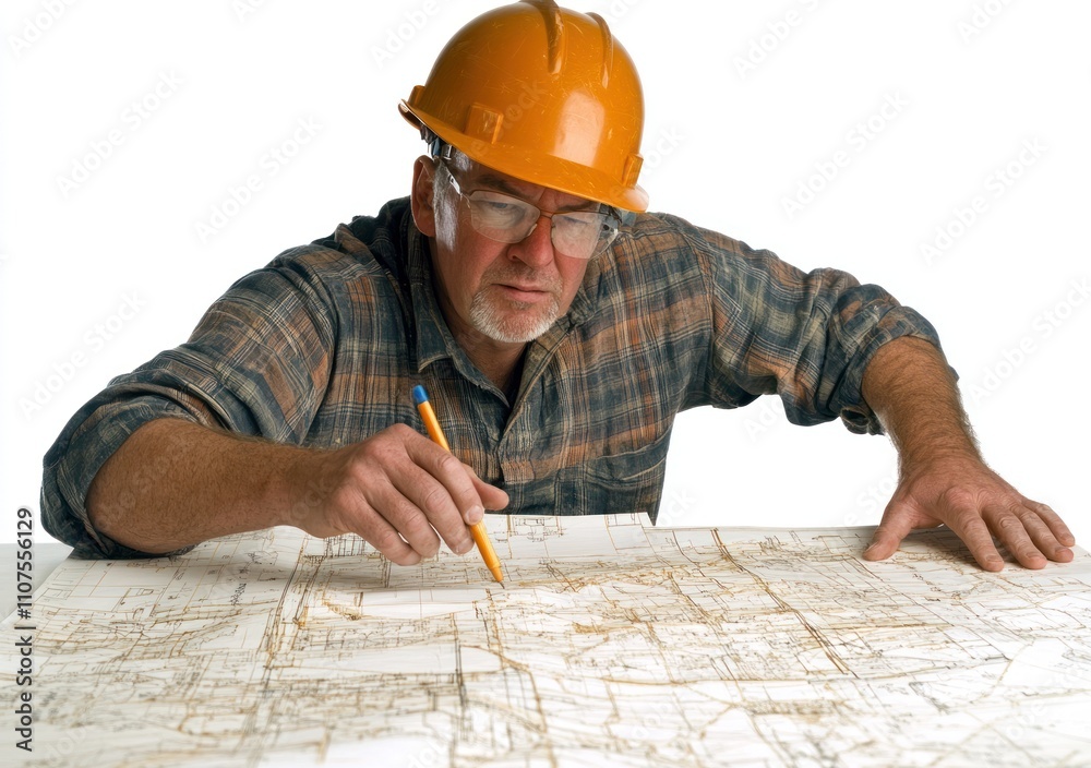 Poster A construction worker examines blueprints while planning a project.