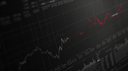 Naklejka premium A dark-themed financial chart displaying stock market trends and data analysis.