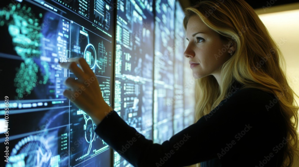 Leinwandbilder A focused woman engages with a digital interface showcasing complex AI data visualizations. She is in a high-tech office environment, leveraging cutting-edge technology for her work.