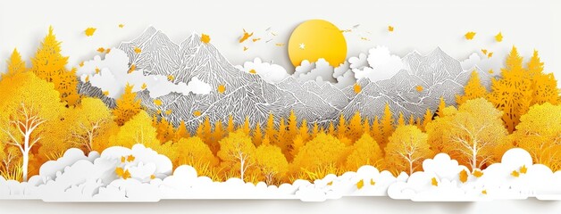 Fototapeta premium A 3D modern canvas art mural wallpaper featuring a light background with gray mountains, trees, birds, and the sky.
