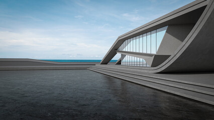 Abstract building with empty parking, concrete floor, and sea view. 3D rendering car scene background.