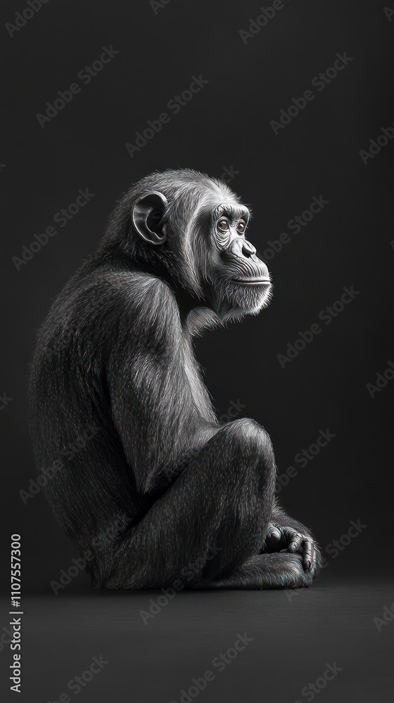Poster A monochrome portrait of a chimpanzee in a thoughtful pose against a dark background.