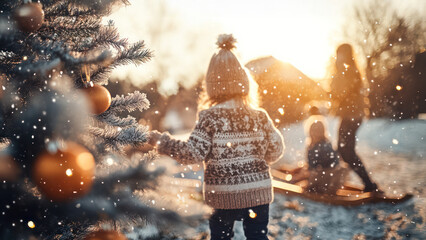 Christmas tree with dried orange and ball ornaments in a snowy outdoor setting. Children playing in the background. Festive winter scene for holiday design and print