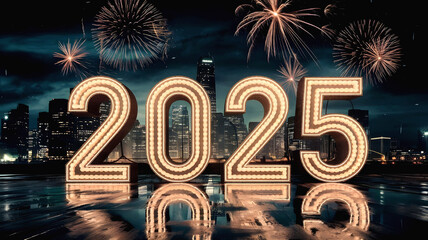 Happy New Year 2025 , new year 2025 typography Christmas season Festive Fireworks Background Greeting Card Banner illustration with fire works on sky 