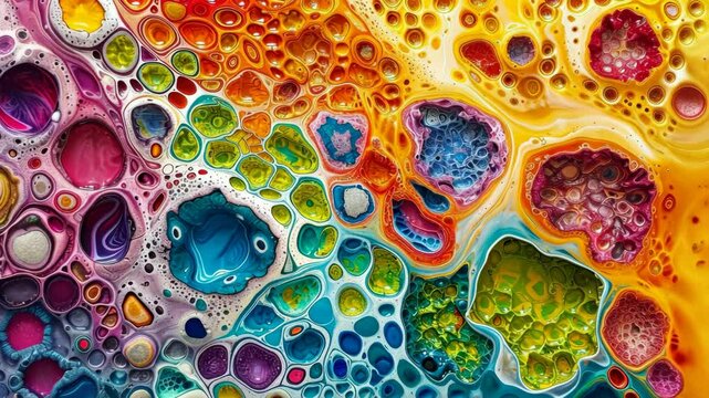 Colorful fluid art featuring vibrant cells and swirling patterns in bold reds, yellows, greens, and blues.