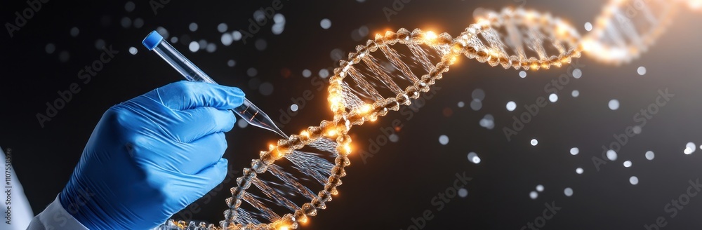Poster a scientist manipulating dna strands with a pipette, illustrating genetic research.