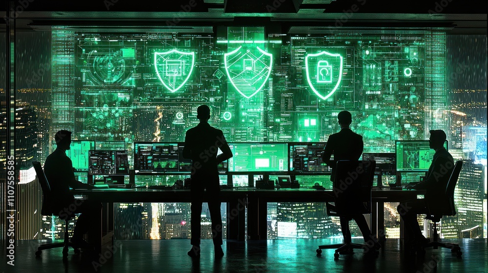 Aufkleber a futuristic control room with silhouettes monitoring digital data on large screens.