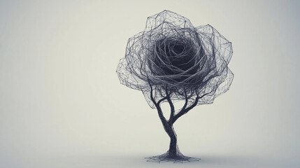 Abstract Wireframe Tree with Black Swirl Canopy. A minimalistic digital artwork of a tree made from intricate black wireframe lines. concept of mystery, nature and abstraction. Generative AI