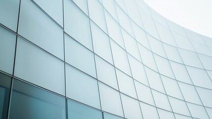 Fototapeta premium Modern architectural design features a shimmering glass facade in an urban setting under bright daylight