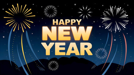 Happy New Year 2025 , new year 2025 typography Christmas season Festive Fireworks Background Greeting Card Banner illustration with fire works on sky 