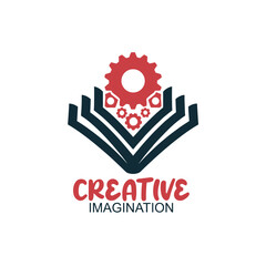 Creative Imagination Logo: Gear atop an Open Book Symbolizing Innovative Learning