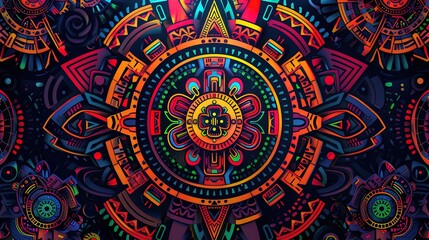 Fototapeta premium Vibrant Abstract Geometric Aztec Inspired Mandala Design