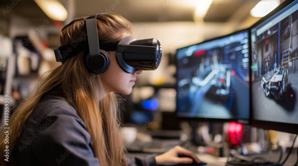 Poster a woman with long hair uses virtual reality equipment while focusing on her work in a modern tech wo
