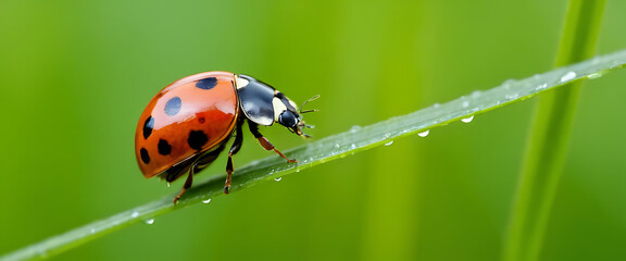 A ladybug perched on a leaf glistening with dewdrops.