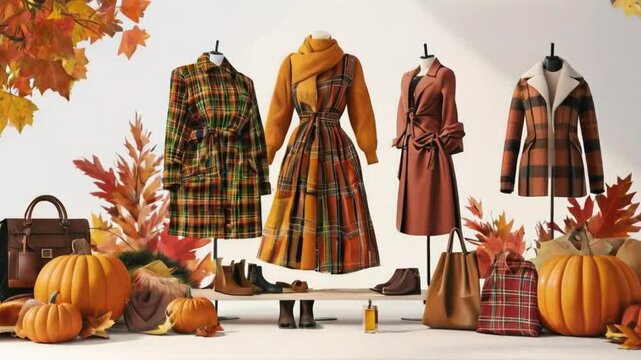 A stylish autumn fashion display featuring plaid dresses and accessories among seasonal decor.