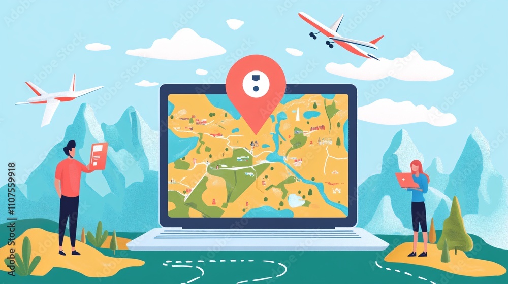 Poster Tourists planning vacation using navigation app on laptop with map and location pin