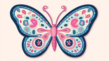 Fototapeta premium Ornate pink and blue butterfly illustration.