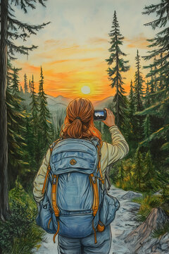 Woman hiker photographs sunset in mountain forest.