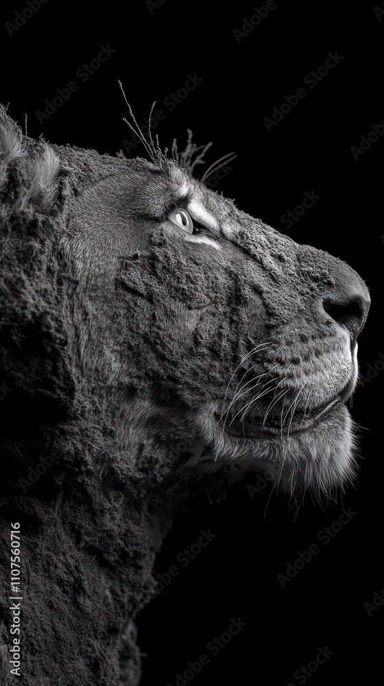 Poster A monochromatic close-up of a lion's profile, emphasizing texture and detail.