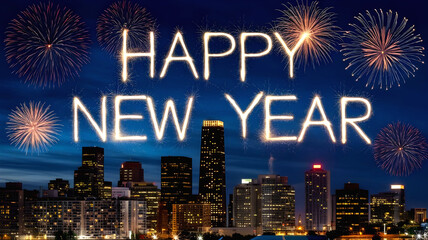 Happy New Year 2025 , new year 2025 typography Christmas season Festive Fireworks Background Greeting Card Banner illustration with fire works on sky 