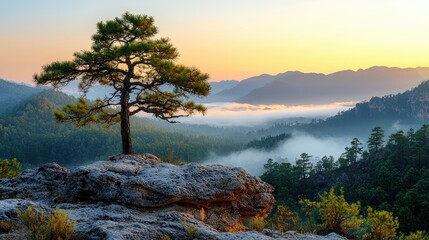 Serene Landscape with Lone Tree on Rocky Outcrop at Sunrise